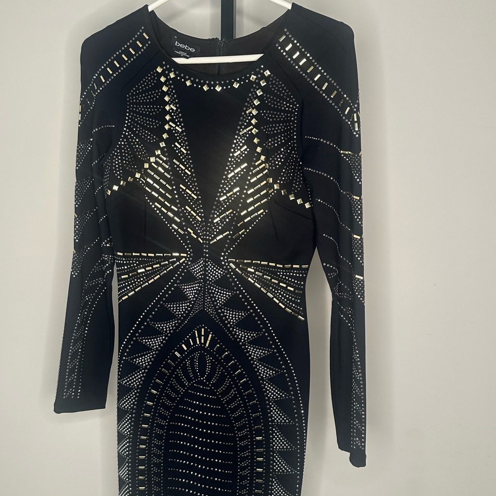 Bebe Black and Gold Embellished Long Sleeve Dress